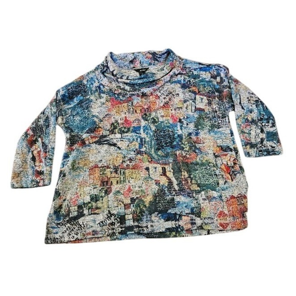 Ali Miles Women 2X Cowl Neck Top Scenic Village Print 3/4 Sleeve Knit Pullover